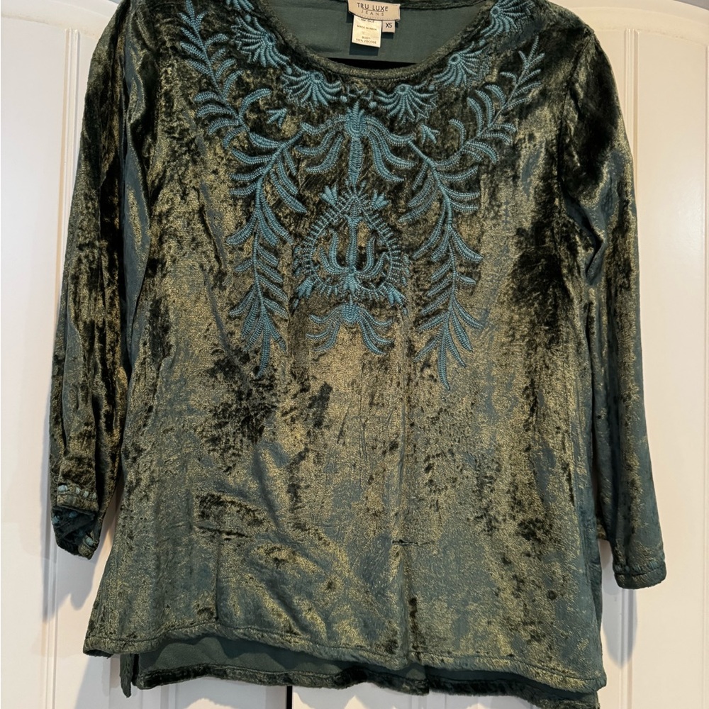 Tru Luxe Jeans Green Velvet Blouse with Teal Embroidery